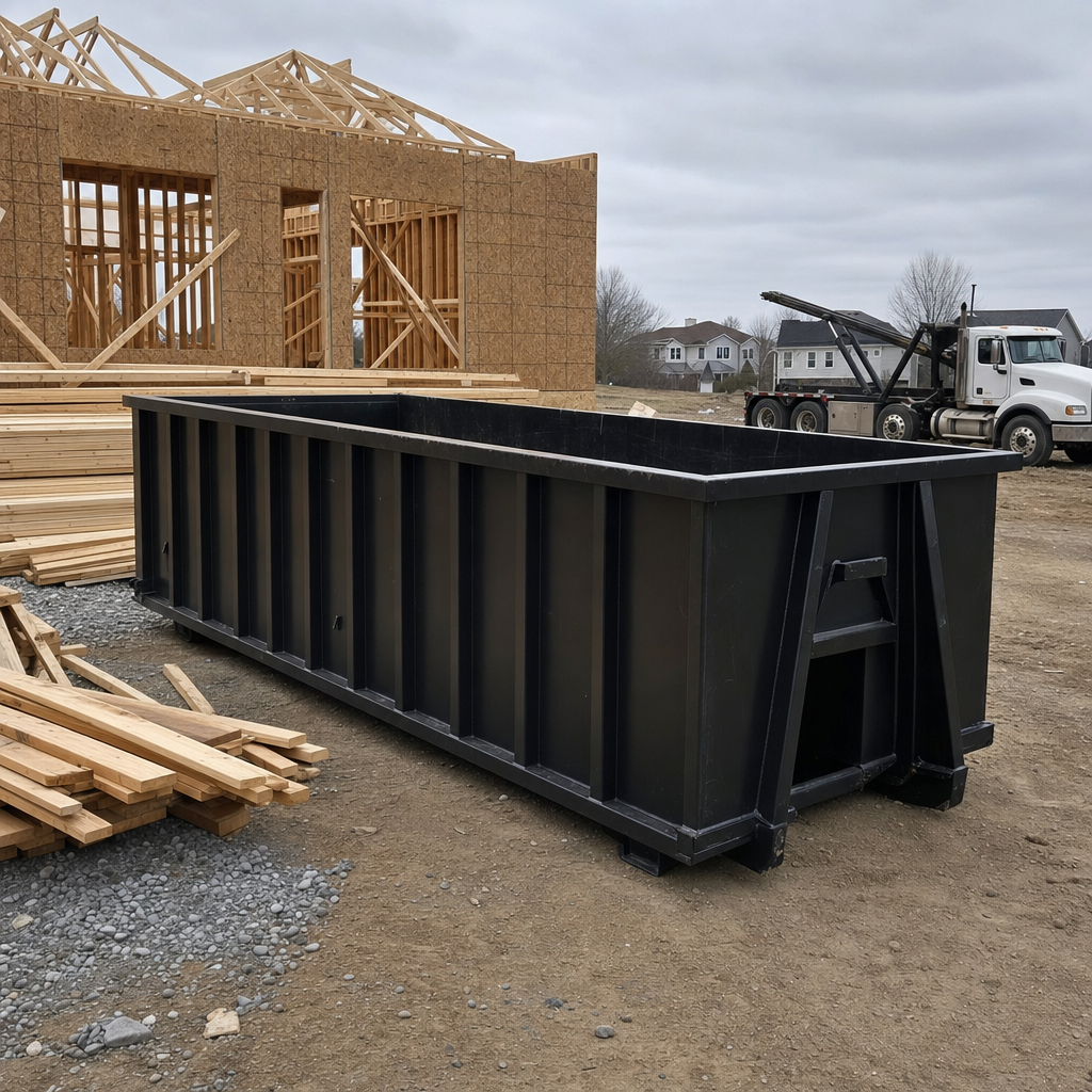 Matte-black 40-yard roll-off dumpster staged on a framed-out residential construction site in Alameda, framing lumber stacked nearby, hooklift delivery truck visible in the background under bright Colorado daylight