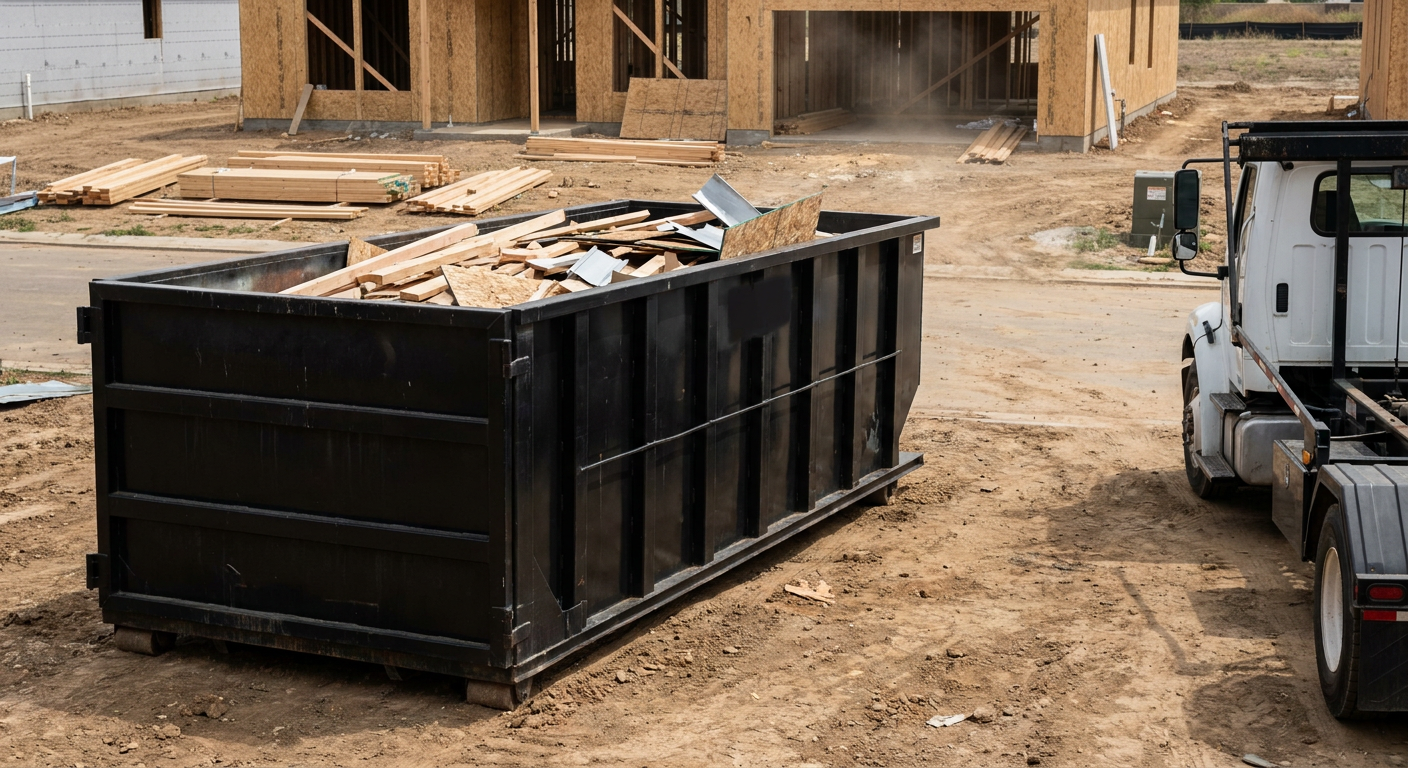 Matte-black 20-yard roll-off construction dumpster with heavy ribbed steel sidewalls and swing rear doors at a working jobsite in Alameda, sitting directly on compacted dirt with an unmarked white hauler partially visible at the far edge of the frame.