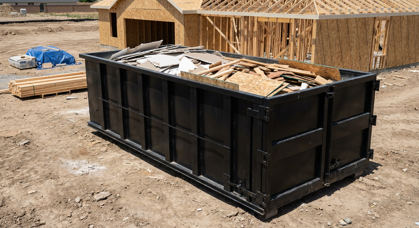 Matte-black 30-yard roll-off construction dumpster sitting directly on the compacted-dirt site of a framed single-family home build in Alameda, drywall and lumber scrap loaded inside.