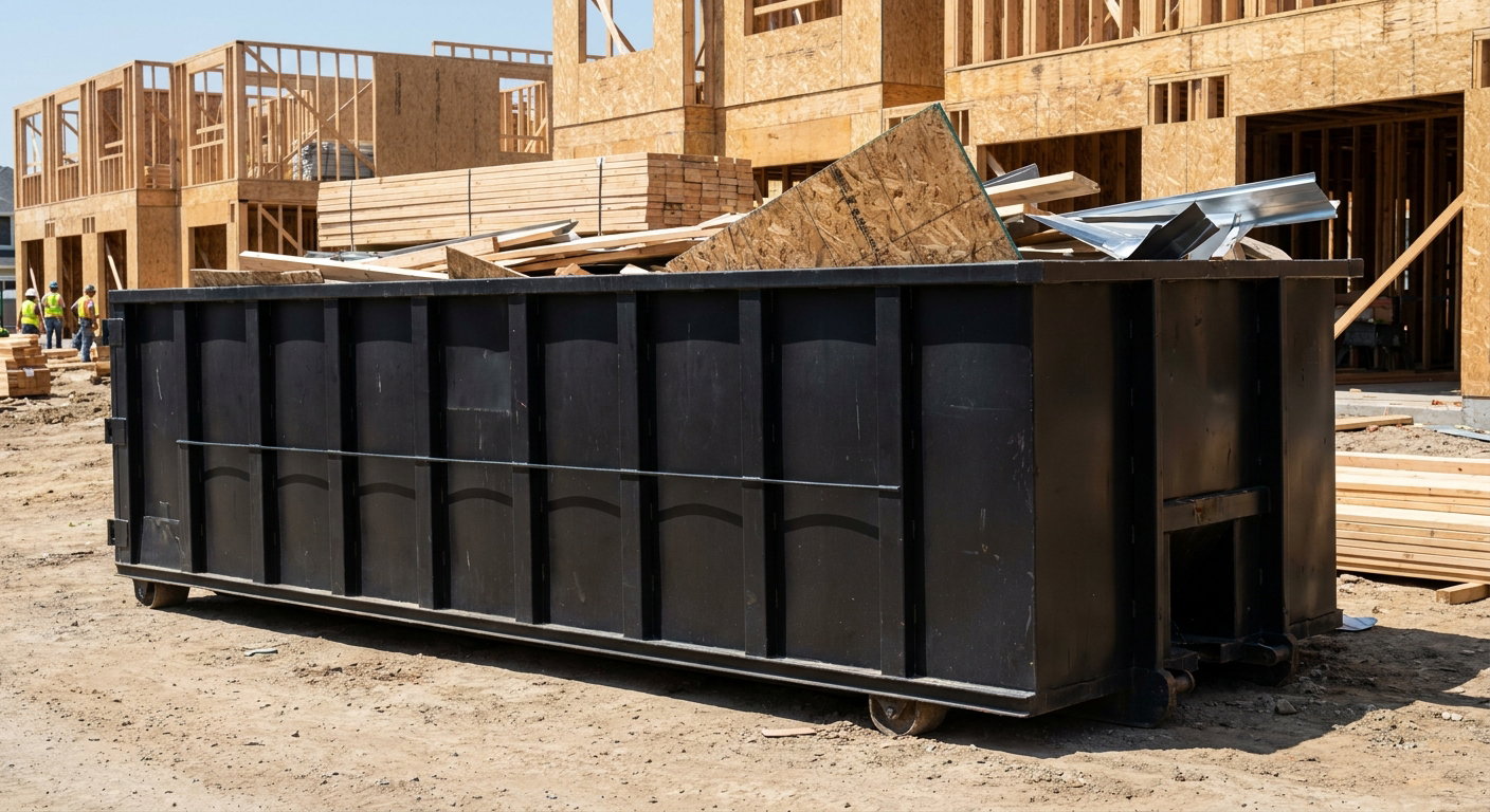 Matte-black 40-yard roll-off construction dumpster being lowered from a white-cab hooklift delivery truck onto the compacted-dirt jobsite at a commercial build site in Alameda