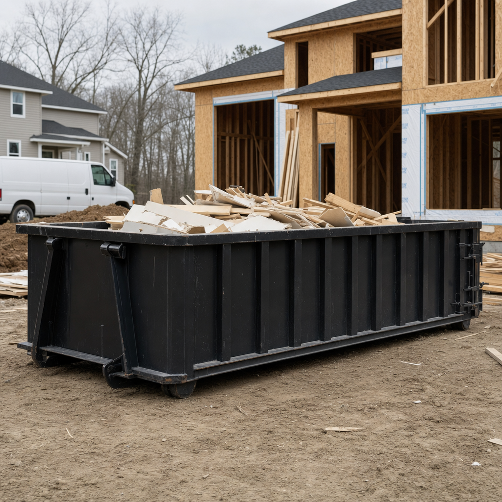 Worker in a yellow high-visibility vest tossing framing lumber and broken drywall into a matte-black 30-yard construction roll-off dumpster on an active build site in Alameda, bright daylight
