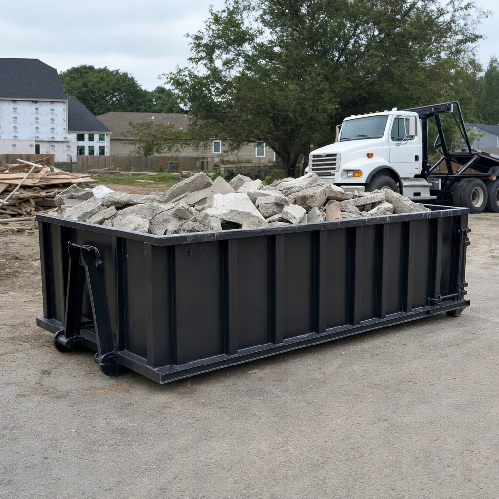 Low-profile matte-black lowboy roll-off dumpster loaded with broken concrete slab and rebar at a foundation tear-out in Alameda, skid steer parked beside it, sunny Colorado morning