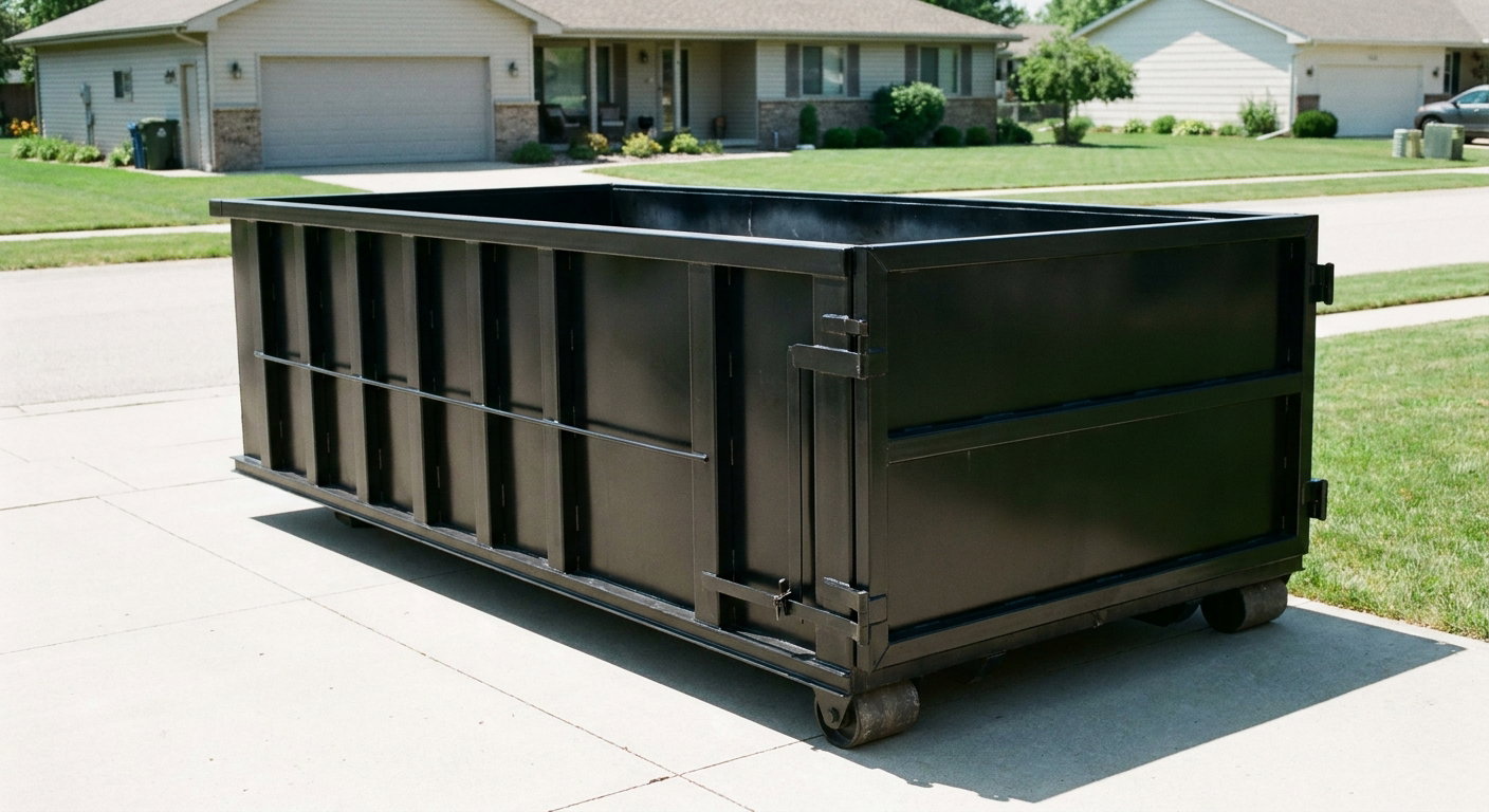 Matte-black 10-yard roll-off dumpster on a residential concrete driveway in Alameda, uniformly painted matte black across every panel and rail, ribbed steel sidewalls and rear swing door visible, mid-day daylight.