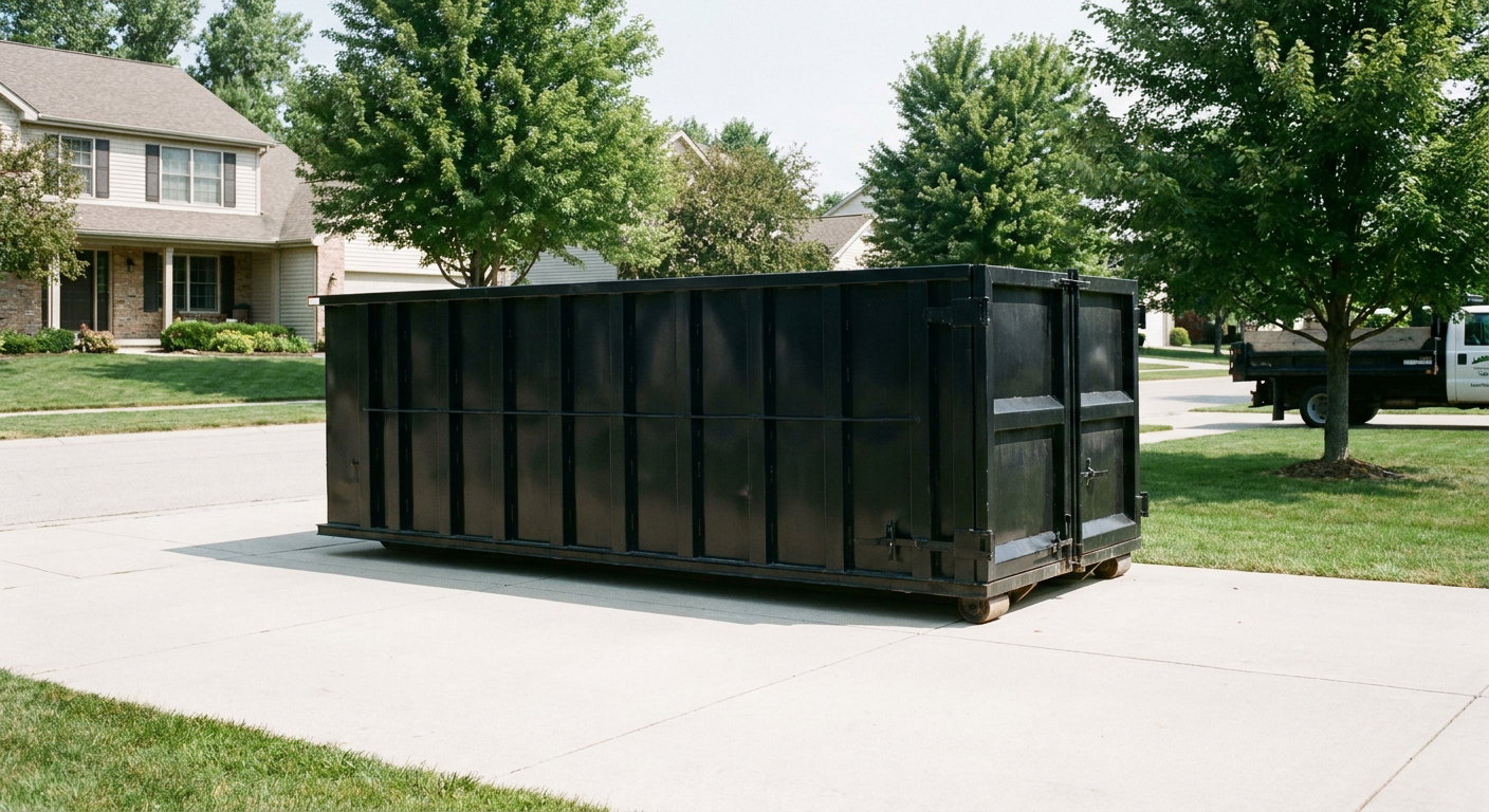 Matte-black 20-yard roll-off dumpster sitting level on a clean Alameda residential concrete driveway under bright daylight, demonstrating clean placement directly on the concrete.