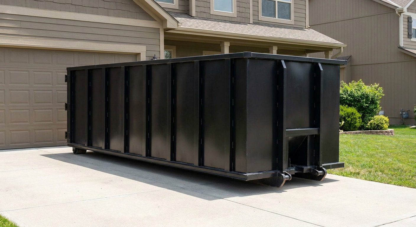 Matte-black residential roll-off dumpster sitting directly on a suburban Alameda concrete driveway, garage door closed, single-family home in background, bright morning daylight.