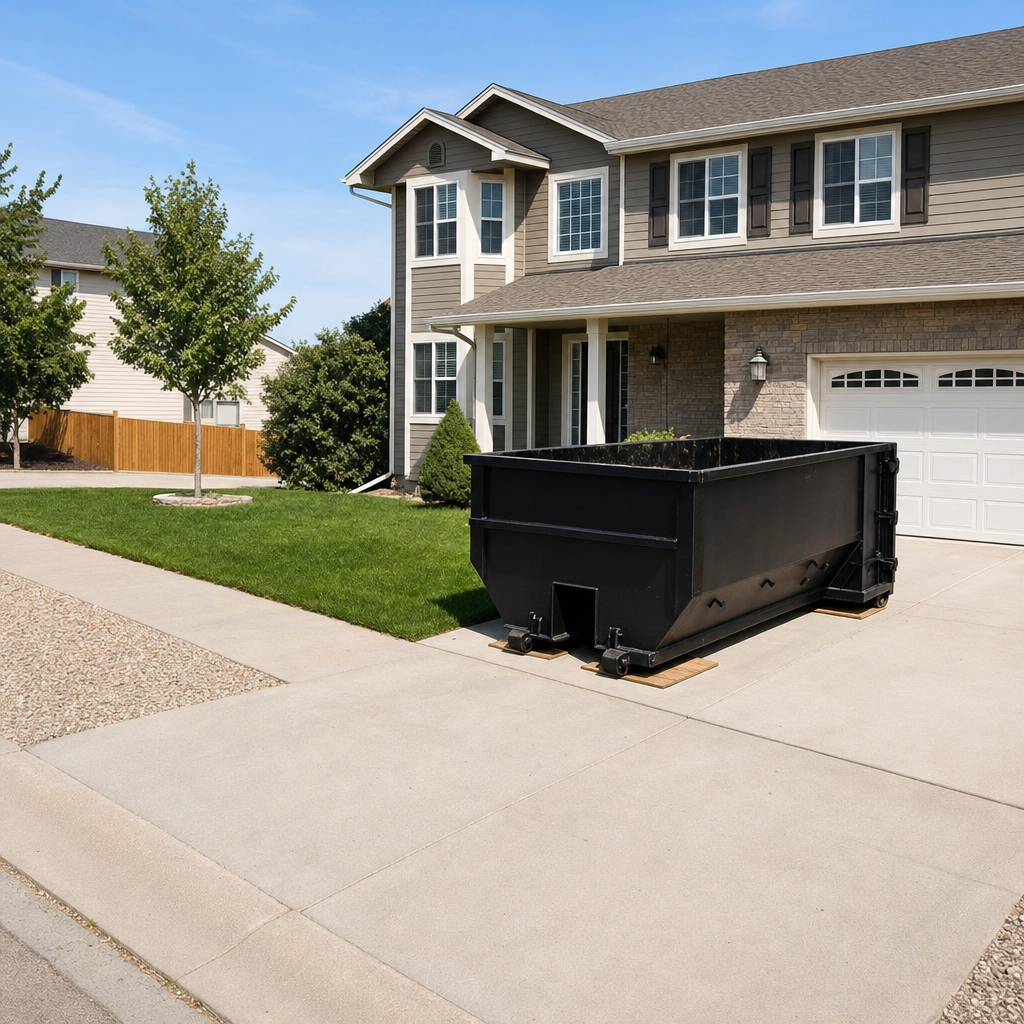 10-yard matte-black residential dumpster placed directly on a narrow Alameda concrete driveway, room remains for a parked sedan beside it, mid-morning natural light
