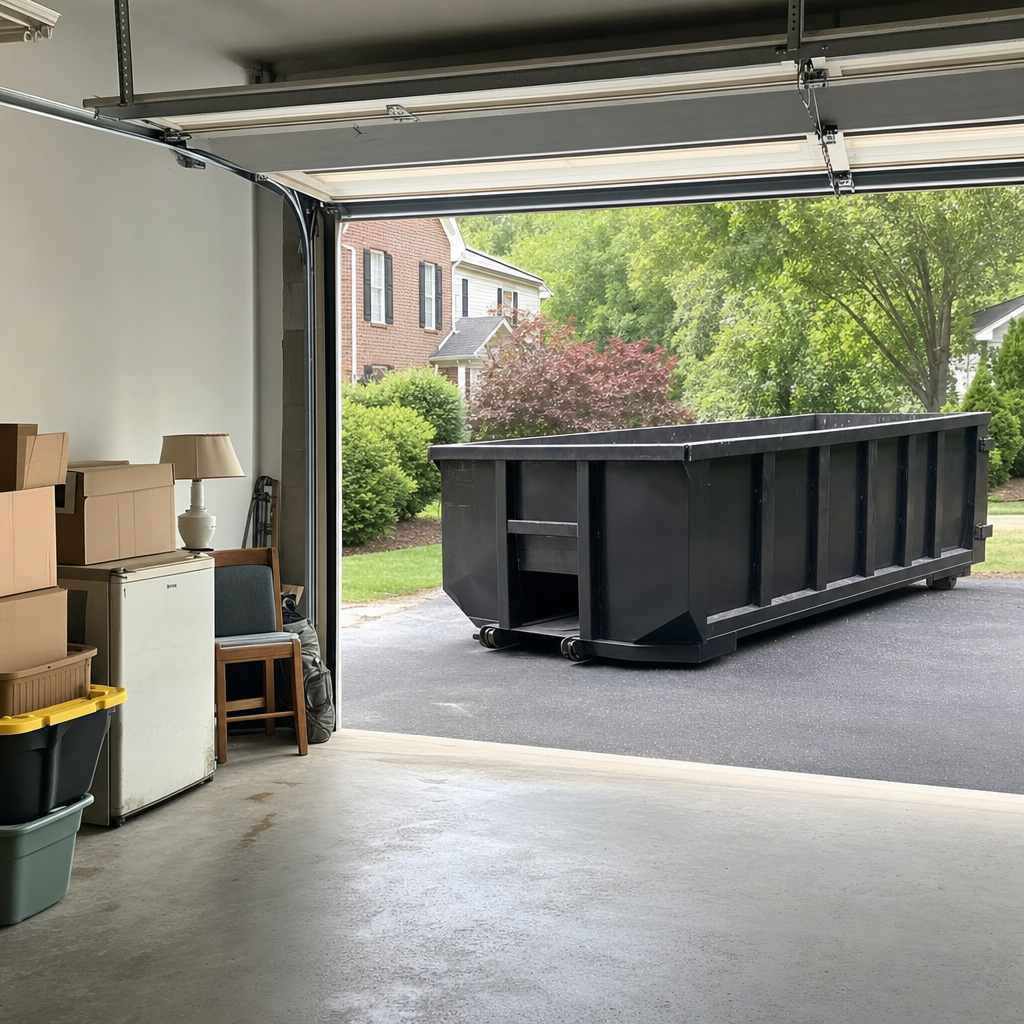 Open garage interior in a Alameda home mid-cleanout — boxed items, an old appliance, and stacked yard tools queued near the driveway for a matte-black roll-off dumpster, organized and calm