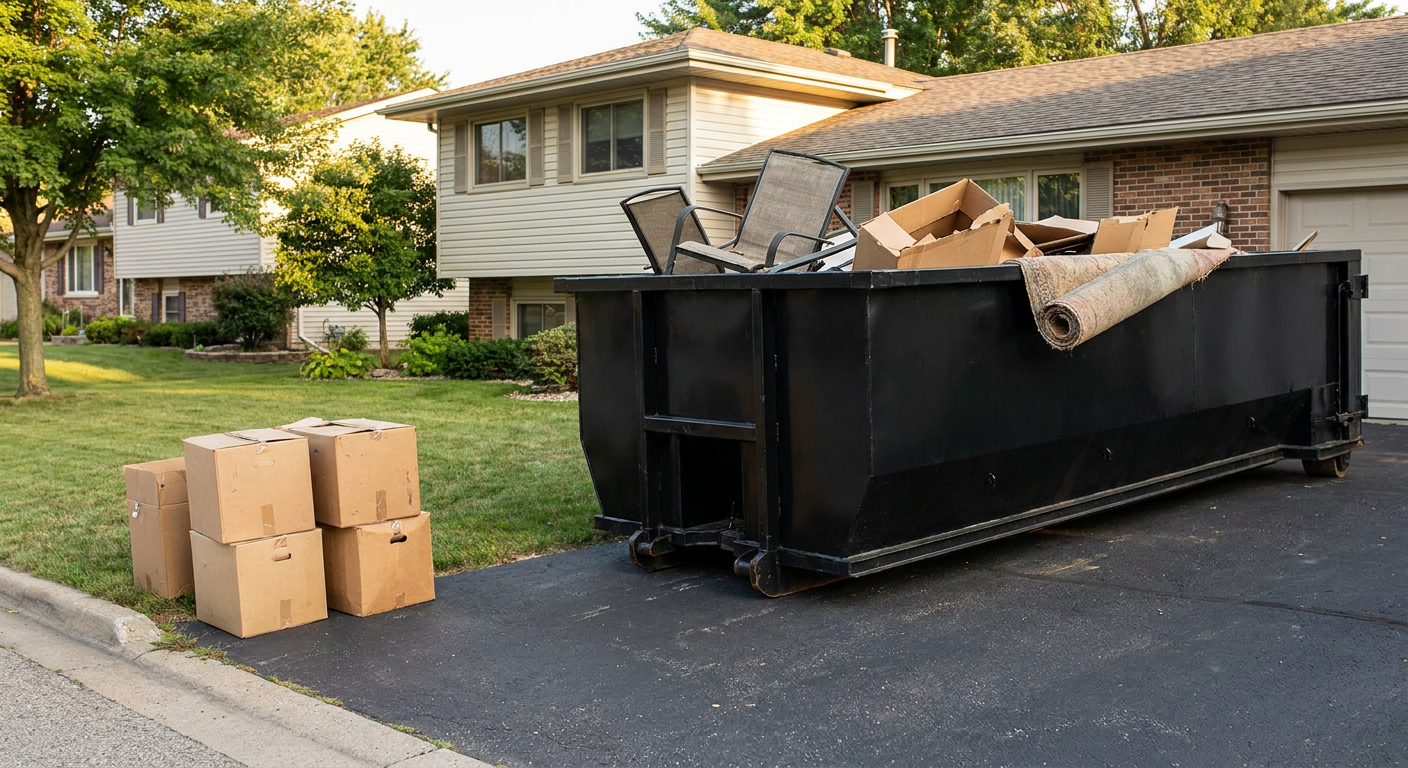 Front-yard view of a Alameda split-level home with a 20-yard matte-black roll-off dumpster sitting directly on the asphalt driveway, a few clearly labeled donation boxes staged at the curb, calm sunny afternoon.