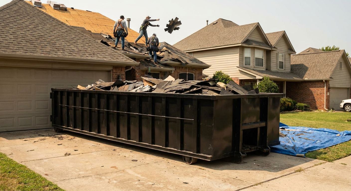 Matte-black roofing roll-off dumpster placed directly on a Alameda residential concrete driveway, a tear-off crew on a two-story asphalt-shingle roof tossing shingle bundles into the low-walled container, bright daylight, documentary 35mm perspective.