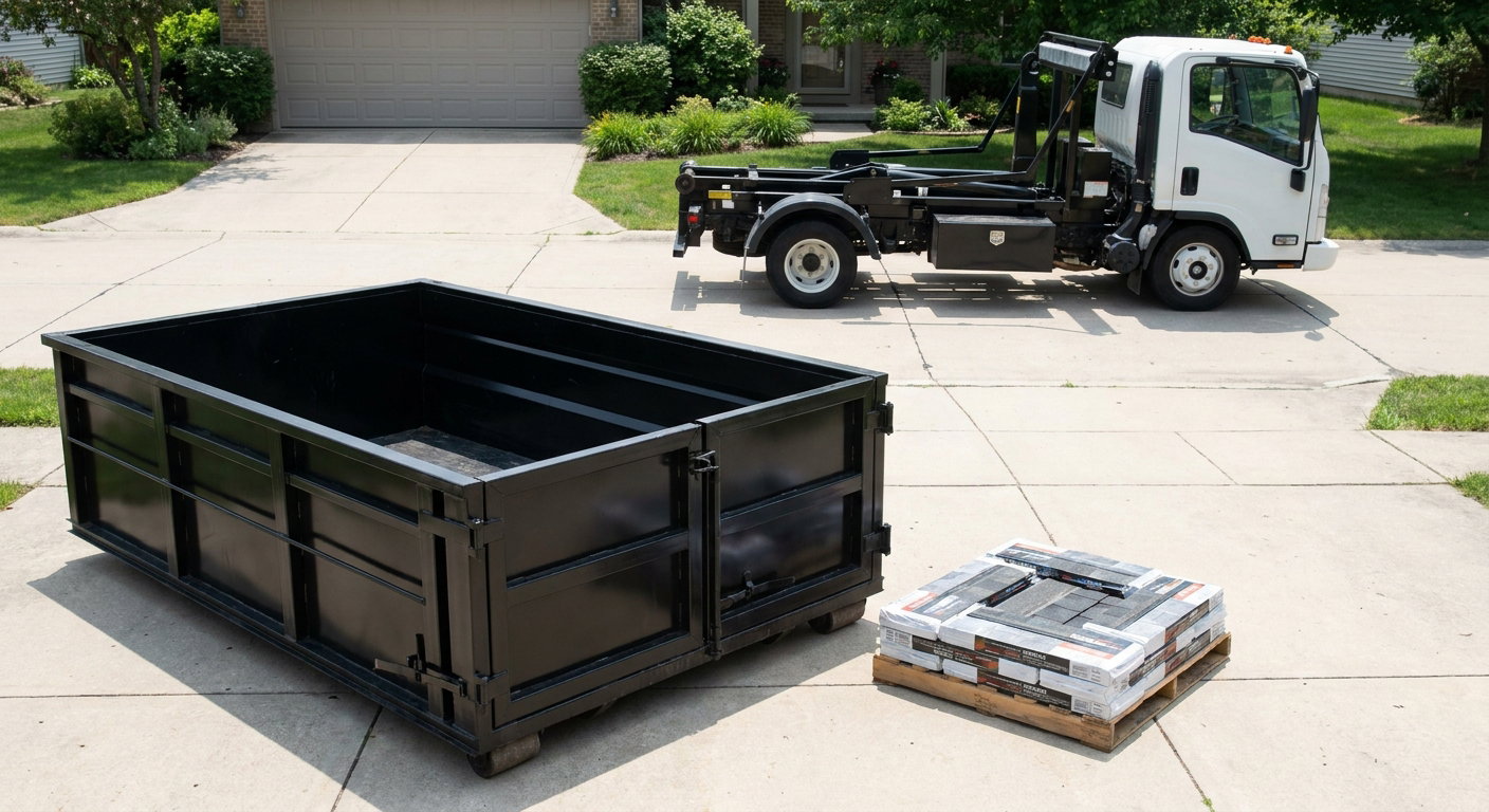 Matte-black 15-yard roofing roll-off dumpster with reinforced low side walls sitting directly on a Alameda residential concrete driveway, three-tab asphalt shingle bundles stacked nearby, an unmarked white hauler truck partially visible at the edge of the frame.
