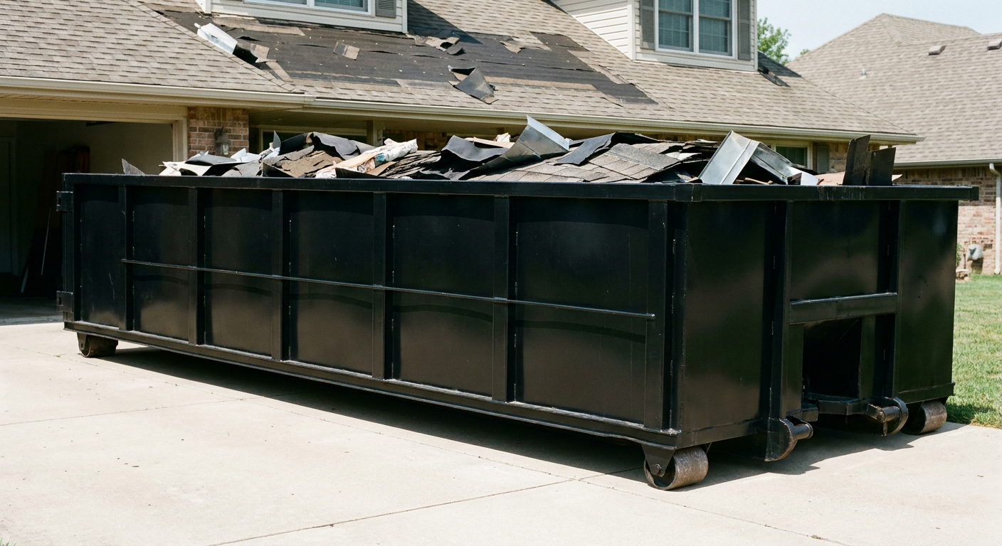 Matte-black 20-yard roofing roll-off dumpster with steel ribbed sides and swinging rear door, sitting directly on the concrete driveway of a two-story Alameda home, asphalt shingle debris being loaded over the low wall, clean documentary lighting.