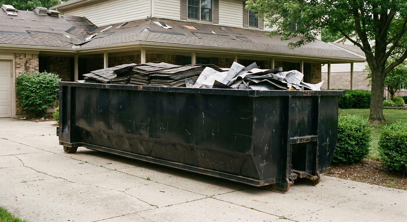 Matte-black 30-yard roofing roll-off dumpster sitting directly on a Alameda concrete driveway, taller ribbed steel side panels, mixed tear-off debris of asphalt shingles and underlayment inside, professional documentary daylight.