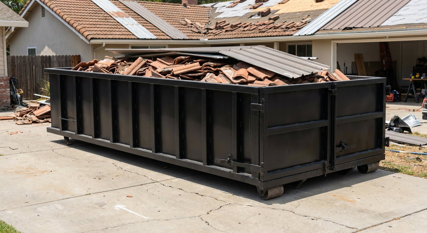 Matte-black low-wall heavy-debris roofing roll-off dumpster sitting directly on a Alameda concrete driveway, broken concrete clay roof tiles and metal panel sections loaded inside, reinforced ribbed steel side walls visible, bright outdoor daylight.