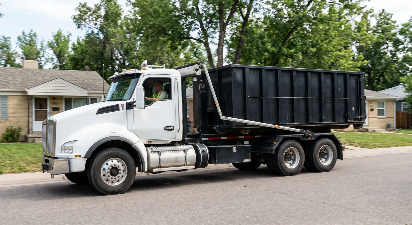 A wide documentary shot of a matte-black roll-off delivery truck pulling onto a quiet Alameda residential street at mid-morning, with neighborhood rooftops and tree-lined blocks visible behind, showing the metro coverage footprint.