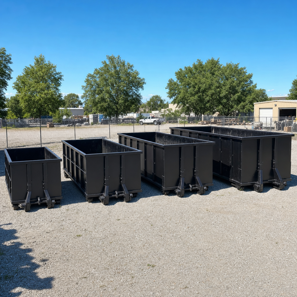 A clean lineup of matte-black roll-off dumpsters in 10, 20, 30, and 40-yard sizes staged on a sunlit gravel yard in Alameda, showing the size progression from compact to commercial-scale containers.