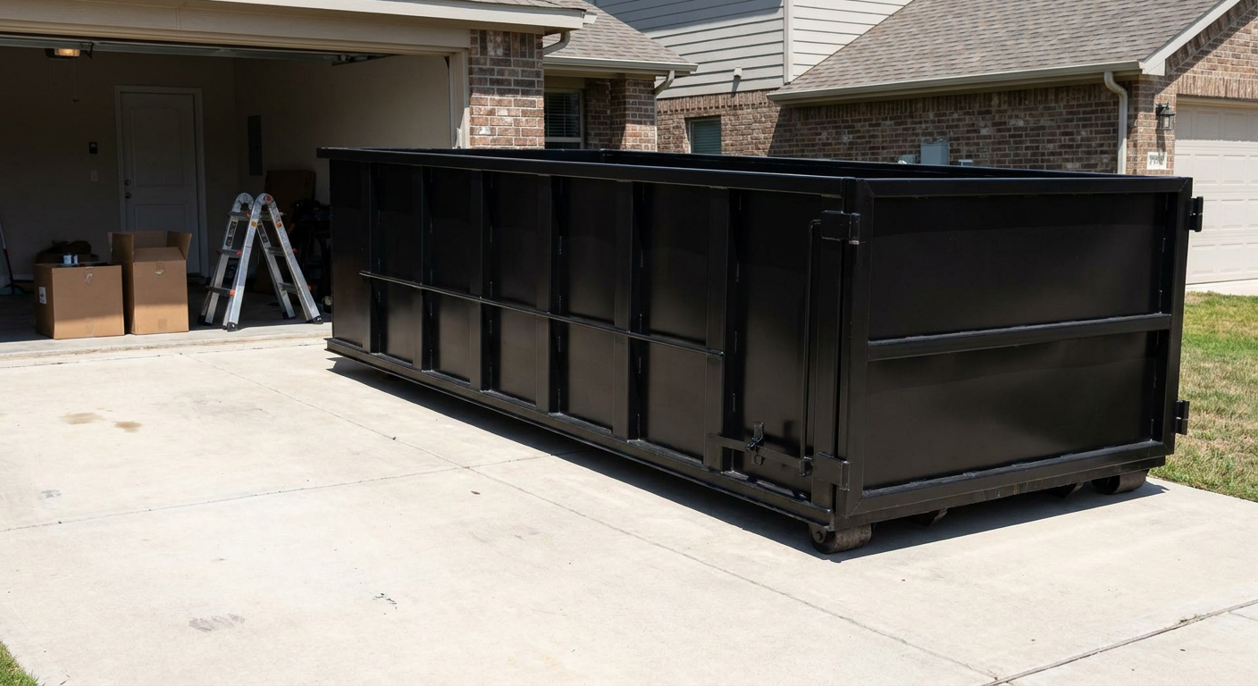 A matte-black 10-yard roll-off dumpster sitting directly on a residential Alameda concrete driveway, mid-day sunlight, clean and ready for a garage cleanout.