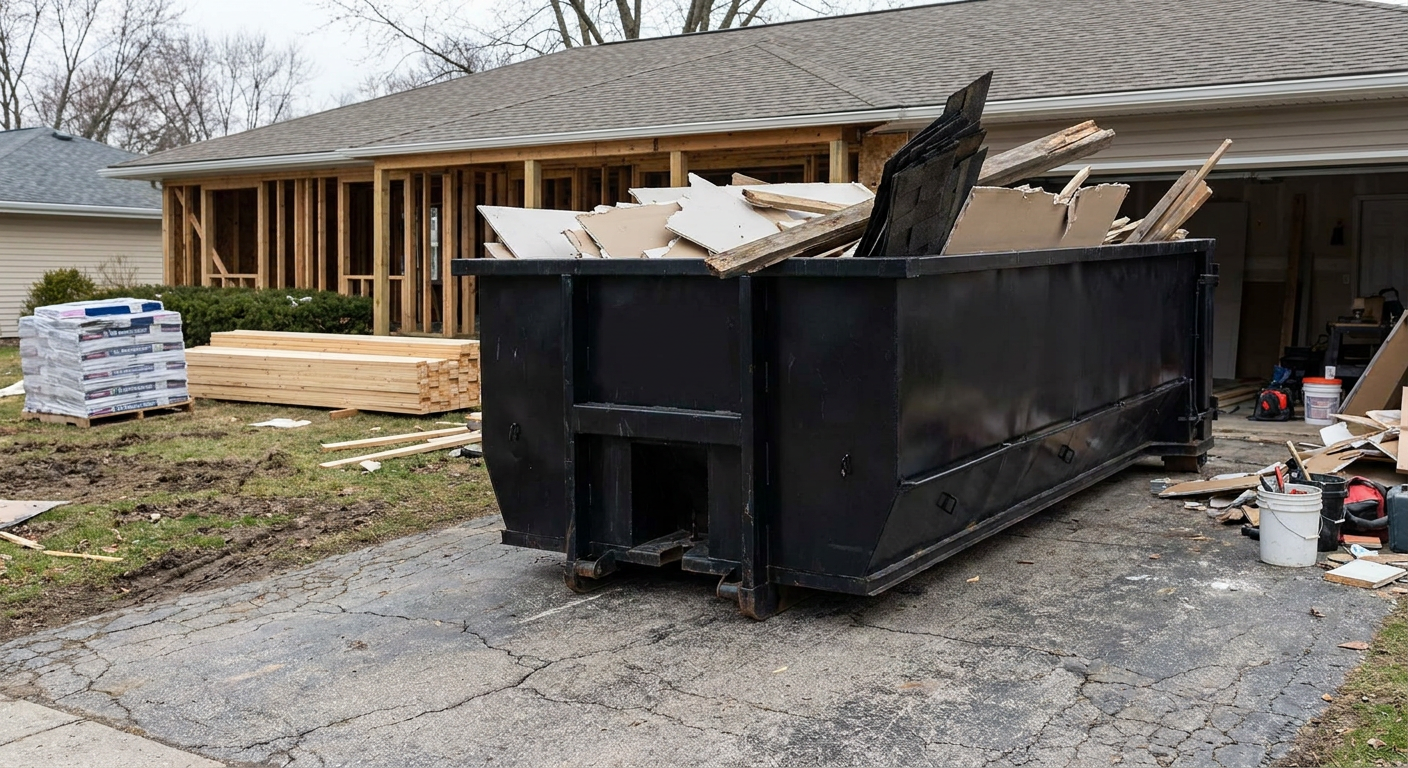 A matte-black 20-yard roll-off dumpster placed alongside a mid-renovation Alameda home directly on the asphalt driveway, with framing materials and torn-off shingles staged neatly nearby.