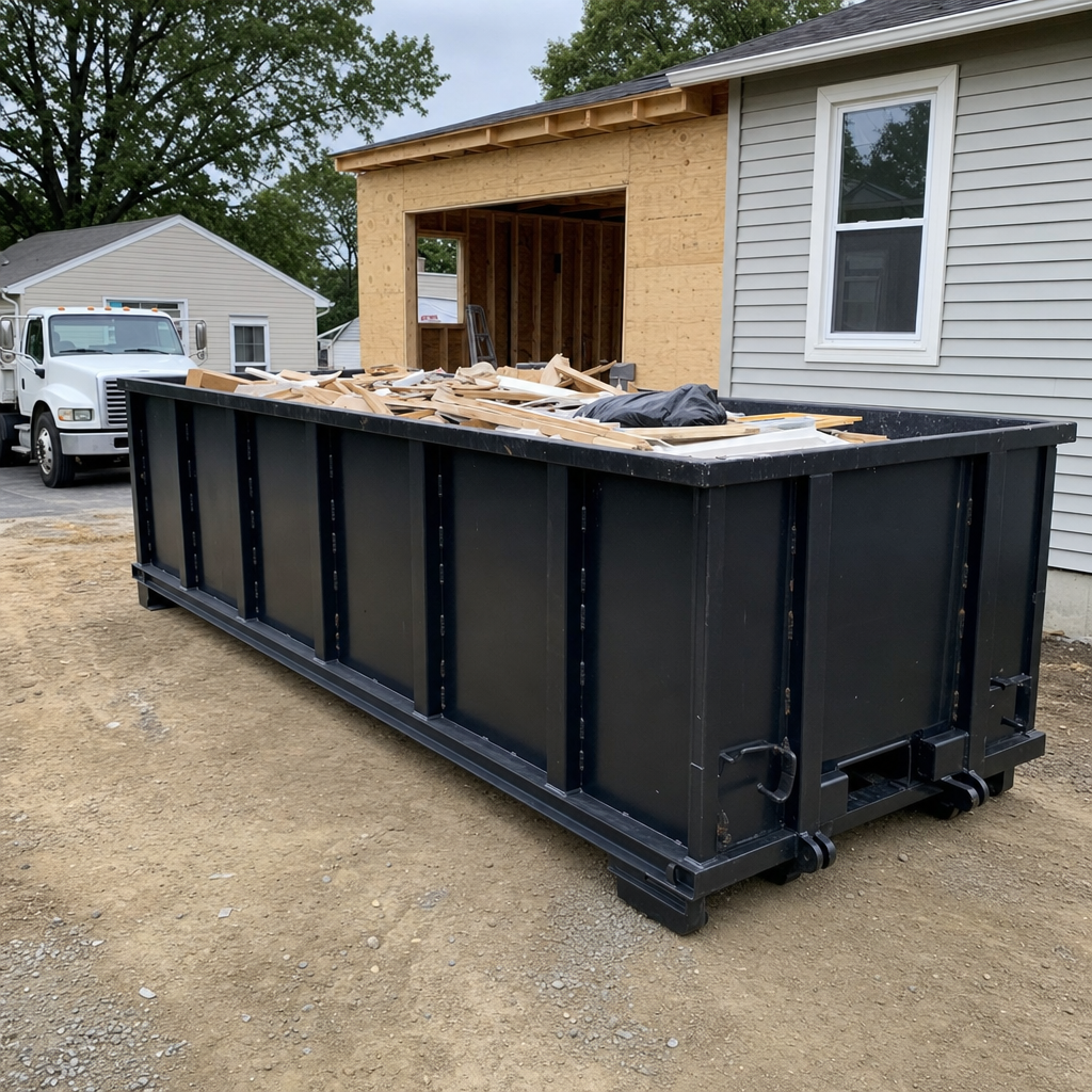 A matte-black 30-yard roll-off dumpster positioned at a Alameda residential addition jobsite, with framing lumber and drywall scraps loaded through the open swinging rear doors.
