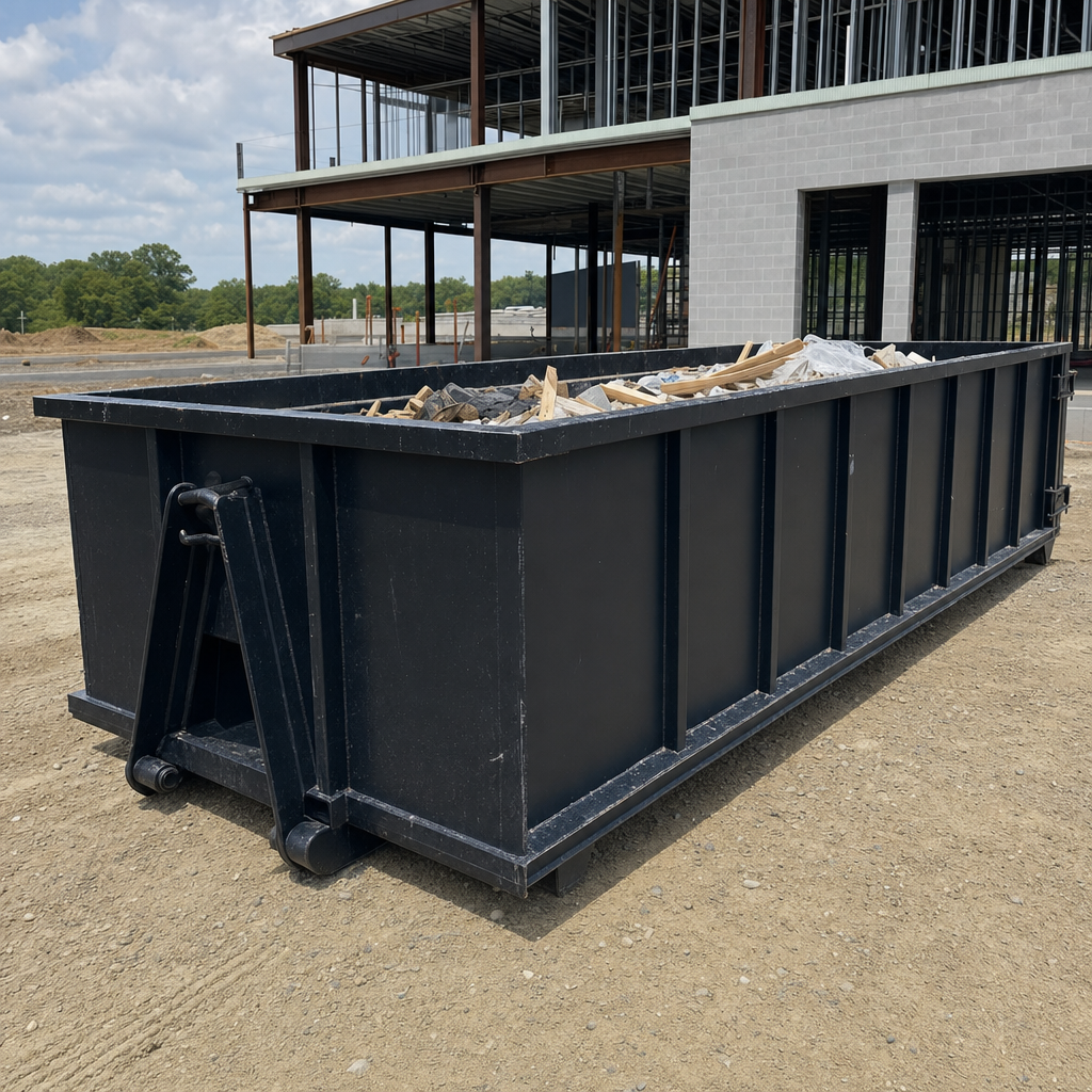 A matte-black 40-yard roll-off dumpster staged on a large Alameda commercial construction lot, with a hooklift delivery truck parked alongside under bright midday sky.