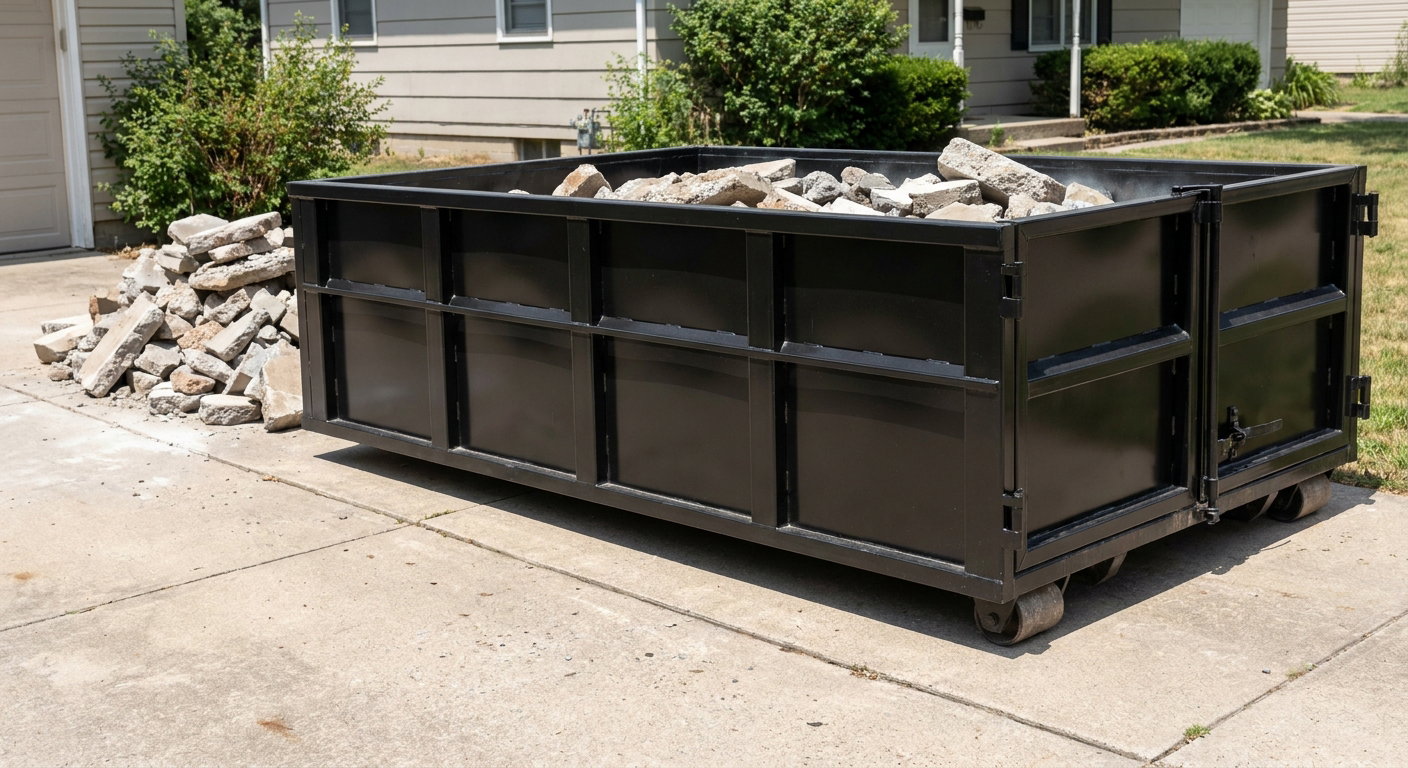 A matte-black low-side heavy-debris roll-off dumpster placed directly on a Alameda concrete driveway, with broken concrete chunks neatly stacked beside it under clean daylight.