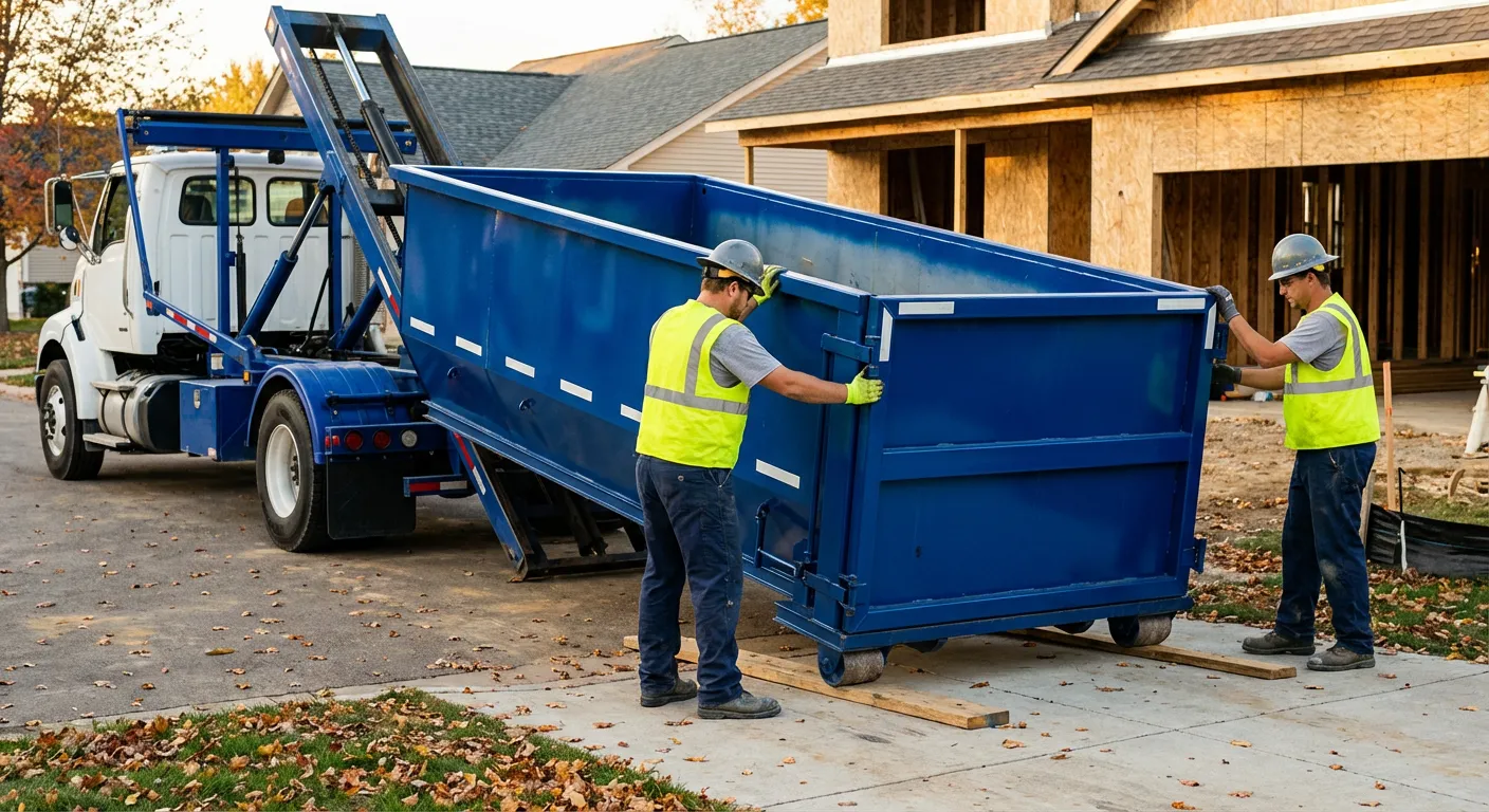 Roll-off dumpster delivery truck in residential area in Alameda, CA
