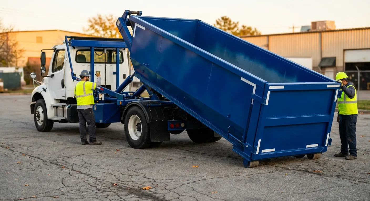 Roll-off dumpster rental truck protecting driveway surfaces in Alameda, CA