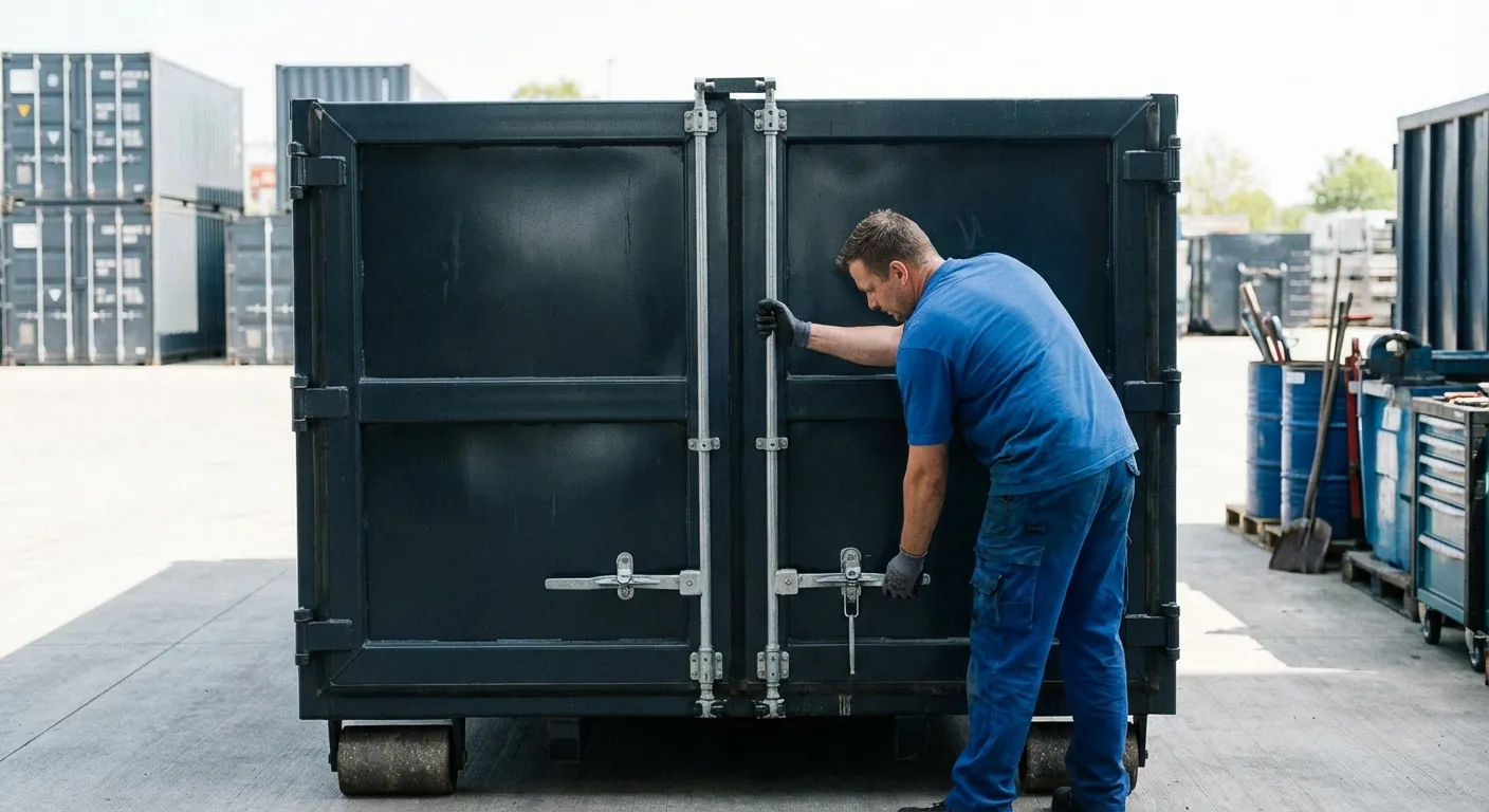 Dumpster walk-in loading door open showing easy access in Alameda, CA