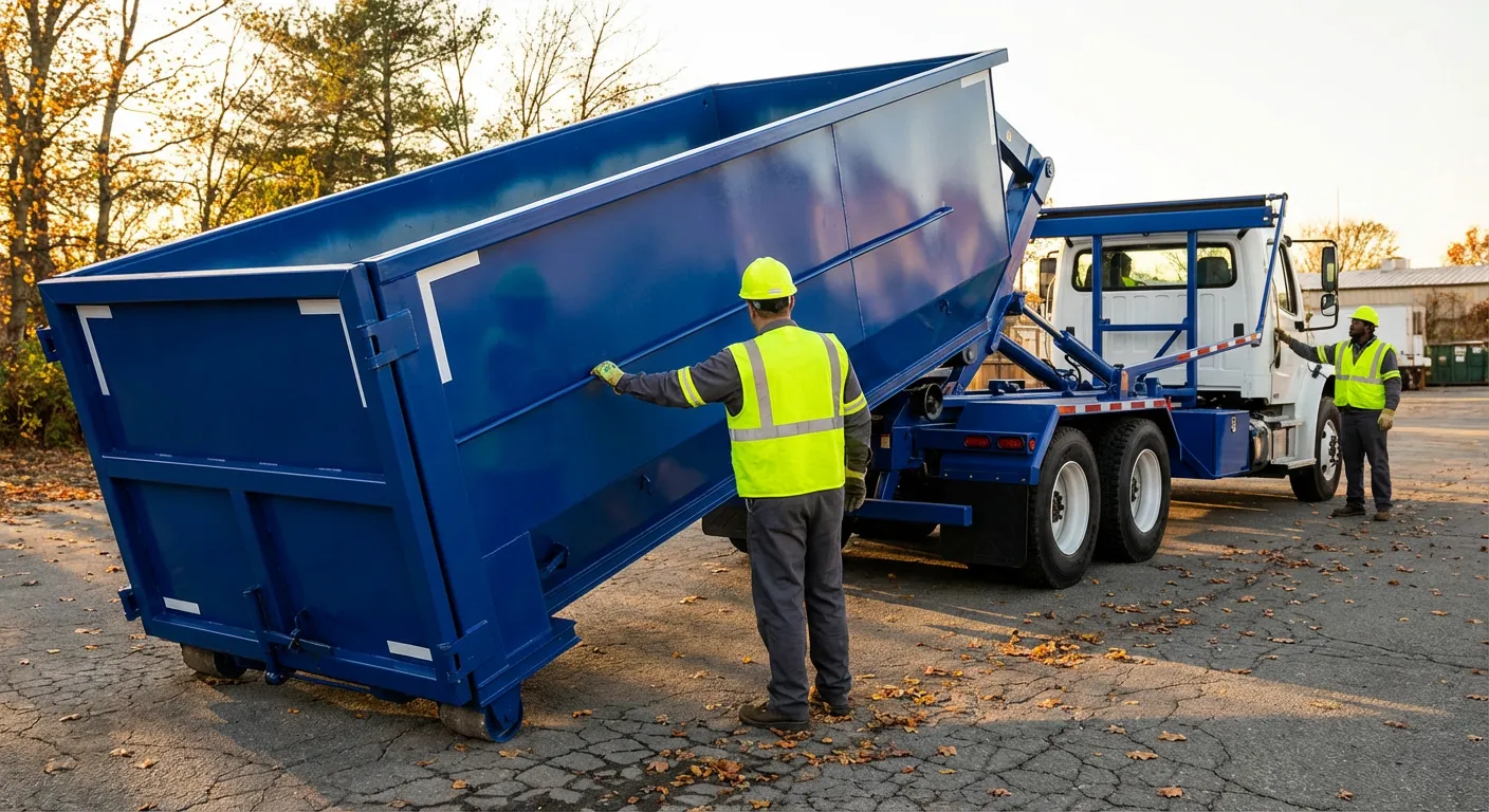 Commercial roll-off dumpster delivery truck in Alameda, CA