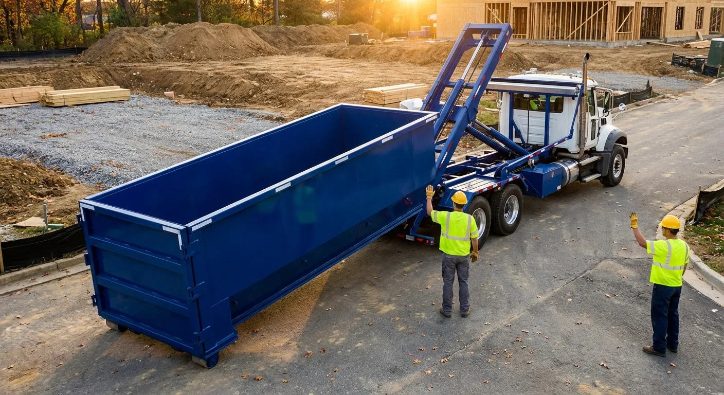 Construction dumpster delivery truck in Alameda, CA